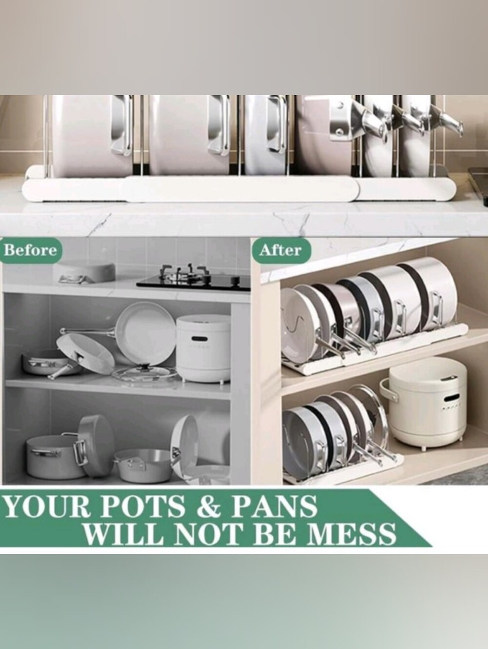 Adjustable White Plate and Lid Organizer Rack